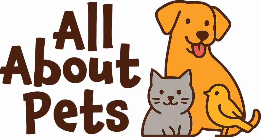 All About Pets Logo with a Dog, Cat, & Bird Cartoon Drawing