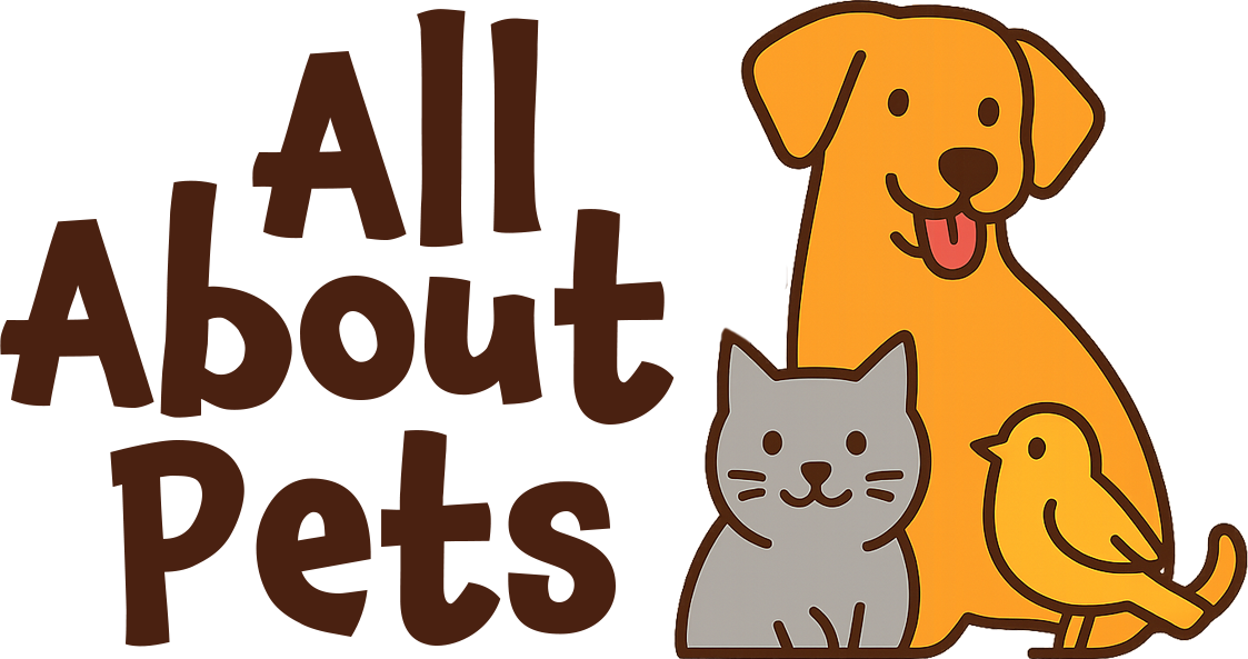 All About Pets Logo with a Dog, Cat, & Bird Cartoon Drawing